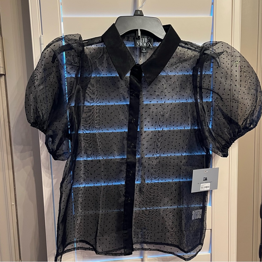 NEW with tags - Sheer black button-down blouse with mini polka dots.